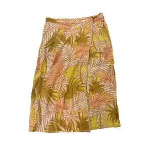 New Tahari Tropical Leaf Print 100% Linen Faux Wrap Midi Skirt Women’s Size XL